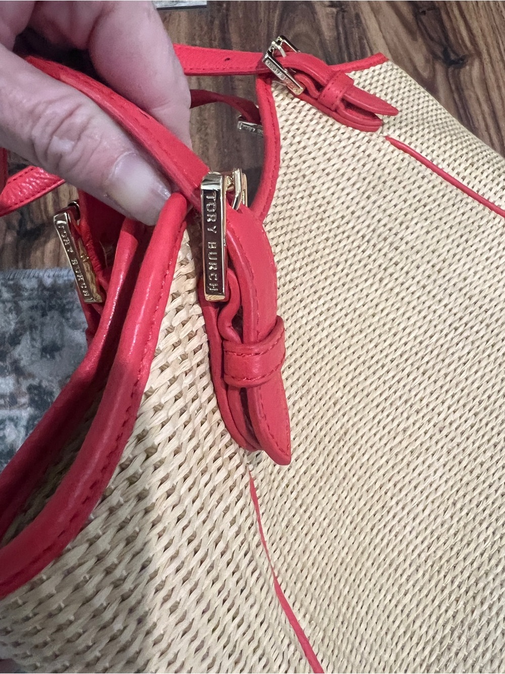 Tory Burch Raffia Straw Tote with Poppy Red Leather Trim - Picture 10 of 11